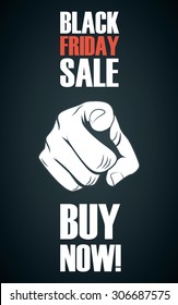 Black friday sale poster. Hand pointing template. Shopping banner advertising discounts. Eps10 vector illustration.
