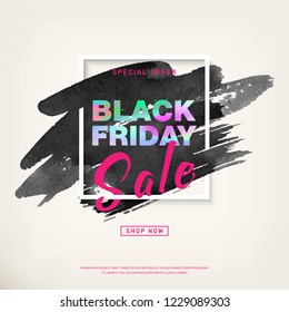 Black Friday Sale Poster with holographic text on watercolor stroke in frame. Special offer promotion. Sale Discount banners, labels, print posters, web presentation. Vector illustration, Eps10