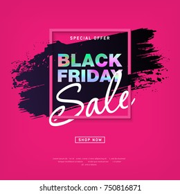 Black Friday Sale Poster with holographic text. Modern concept for cover design. Shopping discount promotion. Sale layout background for business, promotion and advertising. Vector illustration.
