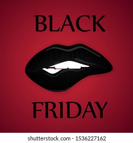 Black Friday sale poster with lips on red background. Vector illustration.