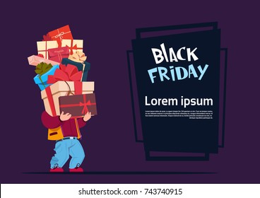 Black Friday Sale Poster With Man Holding Gift Boxes Stack, Template Banner With Copy Space Design Vector Illustration