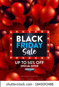 Black Friday Sale Poster with many red and black balloons for Retail,Shopping or Black Friday Promotion in red and black style.Red Poster or banner template for social media and website.