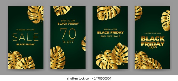 Black Friday Sale Poster with motifs gold leaf monstera on green background. Design in the style of wealth and luxury. Everything built on layers. File has clipping path. Vector backgrounds.