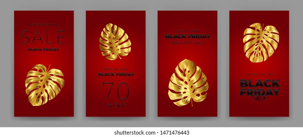 Black Friday Sale Poster with motifs gold leaf monstera on red background. Design in the style of wealth and luxury. Everything built on layers. File has clipping path. Vector backgrounds.