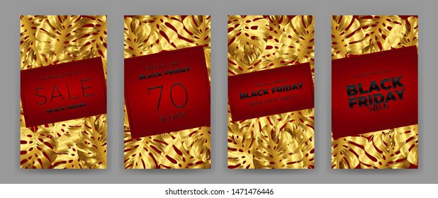 Black Friday Sale Poster with motifs gold leaf monstera on red background. Design in the style of wealth and luxury. Everything built on layers. File has clipping path. Vector backgrounds.