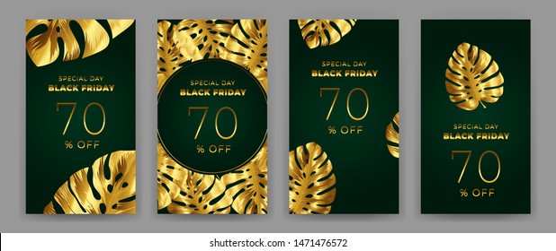 Black Friday Sale Poster with motifs gold leaf monstera on green background. Design in the style of wealth and luxury. Everything built on layers. File has clipping path. Vector backgrounds.