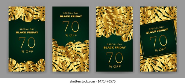 Black Friday Sale Poster with motifs gold leaf monstera on green background. Design in the style of wealth and luxury. Everything built on layers. File has clipping path. Vector backgrounds.