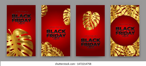 Black Friday Sale Poster with motifs gold leaf monstera on red background. Design in the style of wealth and luxury. Everything built on layers. File has clipping path. Vector backgrounds.