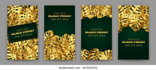 Black Friday Sale Poster with motifs gold leaf monstera on green background. Design in the style of wealth and luxury. Everything built on layers. File has clipping path. Vector backgrounds.