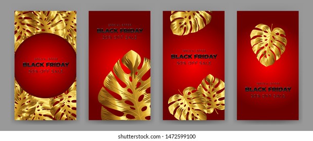 Black Friday Sale Poster with motifs gold leaf monstera on red background. Design in the style of wealth and luxury. Everything built on layers. File has clipping path. Vector backgrounds.