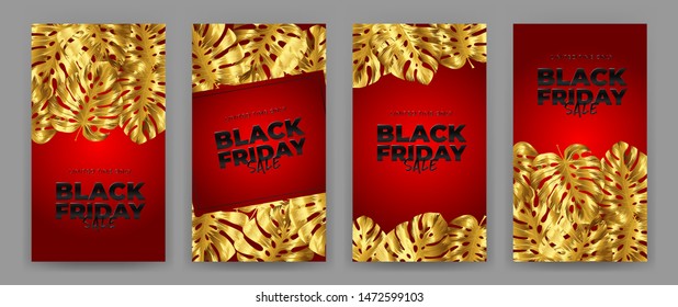 Black Friday Sale Poster with motifs gold leaf monstera on red background. Design in the style of wealth and luxury. Everything built on layers. File has clipping path. Vector backgrounds.