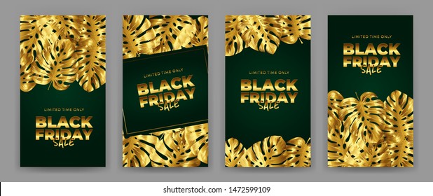 Black Friday Sale Poster with motifs gold leaf monstera on green background. Design in the style of wealth and luxury. Everything built on layers. File has clipping path. Vector backgrounds.