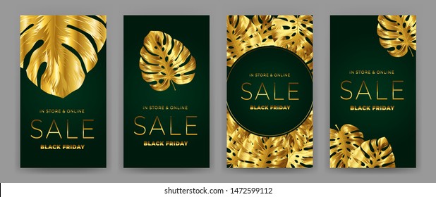 Black Friday Sale Poster with motifs gold leaf monstera on green background. Design in the style of wealth and luxury. Everything built on layers. File has clipping path. Vector backgrounds.