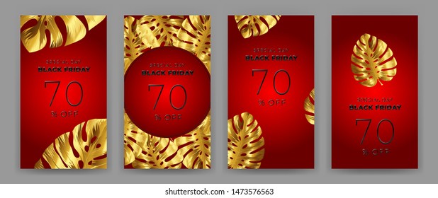 Black Friday Sale Poster with motifs gold leaf monstera on red background. Design in the style of wealth and luxury. Everything built on layers. File has clipping path. Vector backgrounds.