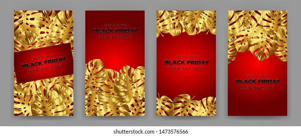 Black Friday Sale Poster with motifs gold leaf monstera on red background. Design in the style of wealth and luxury. Everything built on layers. File has clipping path. Vector backgrounds.