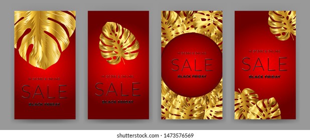 Black Friday Sale Poster with motifs gold leaf monstera on red background. Design in the style of wealth and luxury. Everything built on layers. File has clipping path. Vector backgrounds.