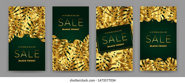 Black Friday Sale Poster with motifs gold leaf monstera on green background. Design in the style of wealth and luxury. Everything built on layers. File has clipping path. Vector backgrounds.