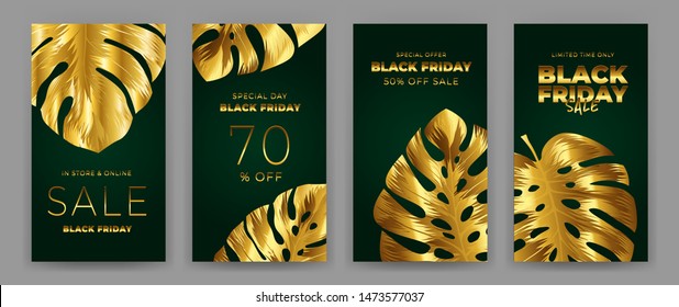 Black Friday Sale Poster with motifs gold leaf monstera on green background. Design in the style of wealth and luxury. Everything built on layers. File has clipping path. Vector backgrounds.