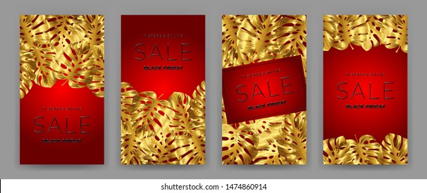 Black Friday Sale Poster with motifs gold leaf monstera on red background. Design in the style of wealth and luxury. Everything built on layers. File has clipping path. Vector backgrounds.