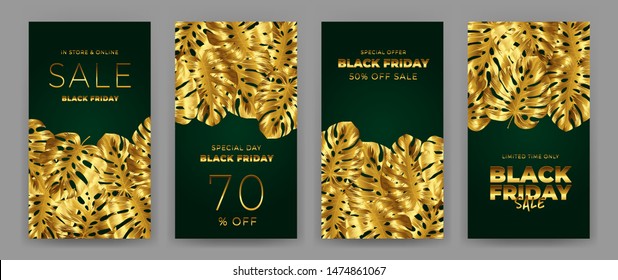 Black Friday Sale Poster with motifs gold leaf monstera on green background. Design in the style of wealth and luxury. Everything built on layers. File has clipping path. Vector backgrounds.