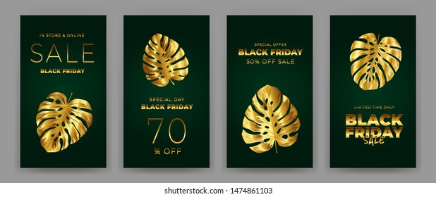 Black Friday Sale Poster with motifs gold leaf monstera on green background. Design in the style of wealth and luxury. Everything built on layers. File has clipping path. Vector backgrounds.