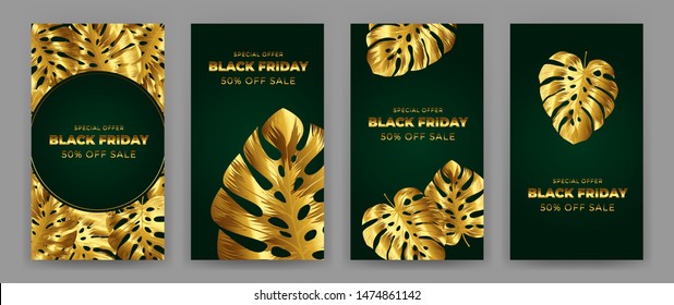 Black Friday Sale Poster with motifs gold leaf monstera on green background. Design in the style of wealth and luxury. Everything built on layers. File has clipping path. Vector backgrounds.