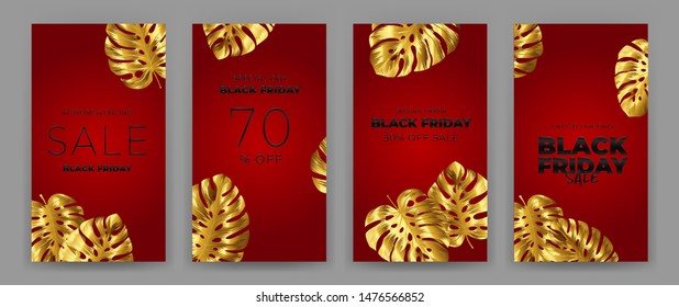 Black Friday Sale Poster with motifs gold leaf monstera on red background. Design in the style of wealth and luxury. Everything built on layers. File has clipping path. Vector backgrounds.