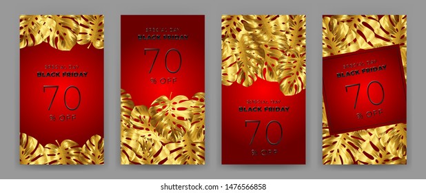 Black Friday Sale Poster with motifs gold leaf monstera on red background. Design in the style of wealth and luxury. Everything built on layers. File has clipping path. Vector backgrounds.