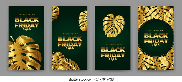 Black Friday Sale Poster with motifs gold leaf monstera on green background. Design in the style of wealth and luxury. Everything built on layers. File has clipping path. Vector backgrounds.