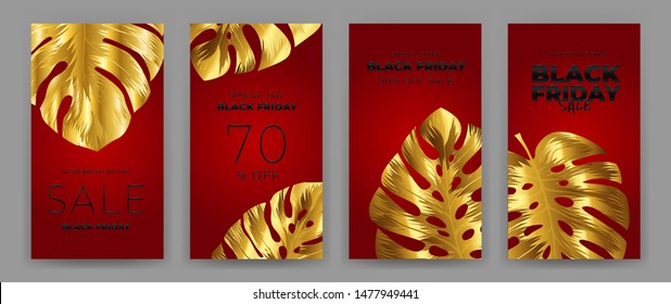 Black Friday Sale Poster with motifs gold leaf monstera on red background. Design in the style of wealth and luxury. Everything built on layers. File has clipping path. Vector backgrounds.