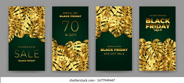 Black Friday Sale Poster with motifs gold leaf monstera on green background. Design in the style of wealth and luxury. Everything built on layers. File has clipping path. Vector backgrounds.