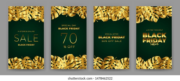 Black Friday Sale Poster with motifs gold leaf monstera on green background. Design in the style of wealth and luxury. Everything built on layers. File has clipping path. Vector backgrounds.