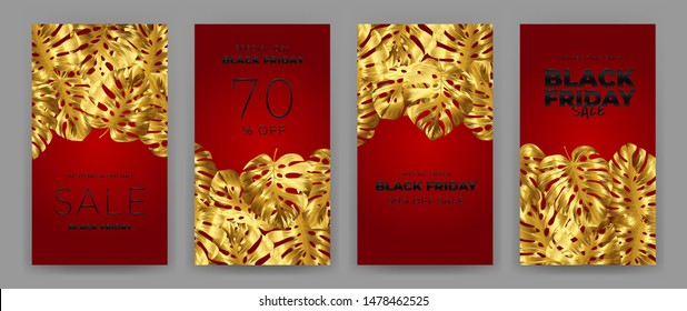 Black Friday Sale Poster with motifs gold leaf monstera on red background. Design in the style of wealth and luxury. Everything built on layers. File has clipping path. Vector backgrounds.