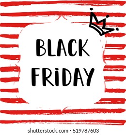Black Friday Sale Poster on a hand drawn brush background. 
Sale banner for Black friday with a lettering and crown. Vector Illustration.