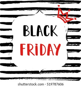 Black Friday Sale Poster on a hand drawn brush background. 
Sale banner for Black friday with a lettering and crown. Vector Illustration.