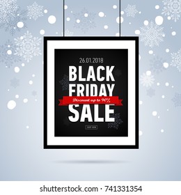 Black friday sale poster on ropes. Sale poster with red ribbon on snowy background. Seasonal sale. Vector Poster Mockup. Discount up to 90 . Online shopping