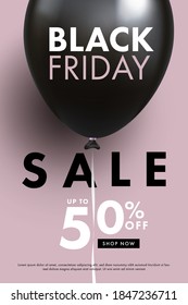 Black Friday Sale. Poster in black and pink beige colors with 3d realistic helium balloons and modern typography. 50% off sale. Fashion Template for print, advertising, social and fashion ads.