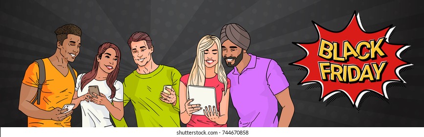 Black Friday Sale Poster Pop Art Design With Group Of Mix Race People Using Modern Gadgets. Horizontal Banner Pin Up Background Vector Illustration