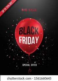 Black Friday Sale Poster with realistic red balloon, confetti and discount inscription. Modern vertical vector Sale banner.