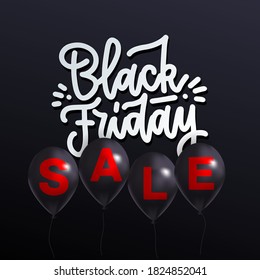 Black Friday sale Poster with Realistic Black balloons on dark background. Bunch of glossy black balloons with the inscription Black Friday sale. Letters S A L E on each Helium ballon