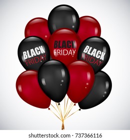 Black Friday sale Poster with Realistic bunch Black and red balloons on white background. Set of glossy balloons for your design.