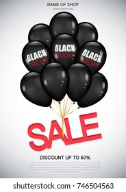 Black Friday sale Poster with Realistic Black balloons and inscription - Sale. Bunch of glossy Black balloons with inscription - Black Friday.