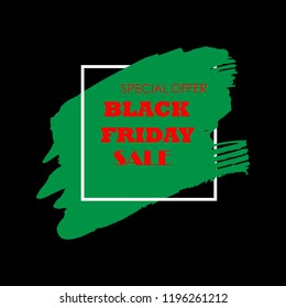 Black Friday Sale Poster with red text on grunge brush stroke. Acrylic grunge paint brush stroke. Shopping discount promotion. Banner for business, promotion and advertising. Vector illustration.