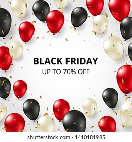 Black friday sale poster with black, red and white helium balloons, confetti and place for text.