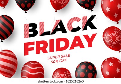 Black Friday Sale Poster with Red and Black Glossy Balloons on White Background. Vector illustration.