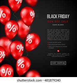 Black Friday Sale Poster with Red Glossy Balloons on Dark Background. Vector illustration.