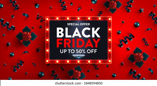 Black Friday Sale Poster for Retail,Shopping or Promotion with black gift box and Retro light sign.Black Friday banner template design for big sale special offer of the year