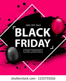 Black Friday Sale Poster. Seasonal discount banner with balloons and black grunge frame on pink background. Holiday design template for advertising shopping, closeout on thanksgiving day