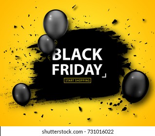 Black Friday Sale Poster. Seasonal discount banner with black balloons and grunge frame on yellow background. Holiday design template for advertising shopping, closeout on thanksgiving day.