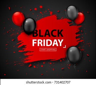 Black Friday Verkaufsposter. Saisonaler Rabattbanner mit roten und schwarzen Ballons und grauem rotem Rahmen auf dunklem Hintergrund. Weihnachtsdesign-Vorlage für Werbeeinkäufe, am Donnerstag geschlossen